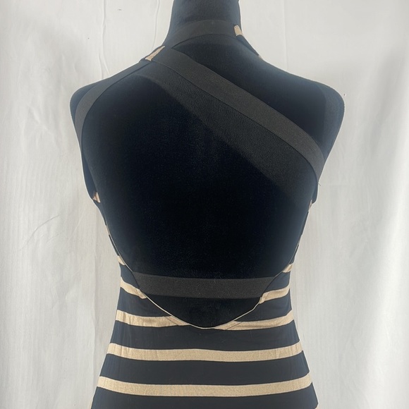 Stripe Black,Cream, MIdi dress, open back, V slit up front, Small - Picture 3 of 9